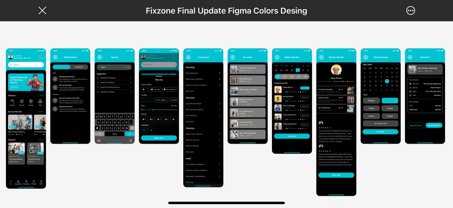 Fixzone mobile app product flow showing search, booking, provider selection and checkout